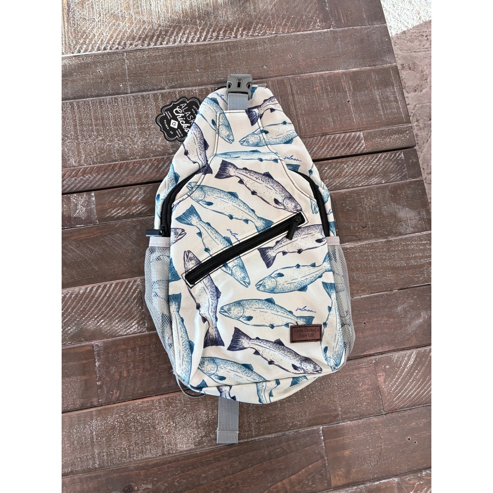 Alaska Chicks Co Salmon Fish Print Sling Backpack Blue Cream Crossbody Bag NWT